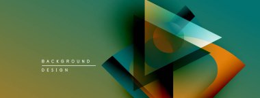 Soyut geometrik şekiller örtüşüyor, canlı renk eğimleri yaratıyor. Tasarımda deniz mavisi, turuncu, siyah renkler var. Modern arkaplan ögesi.