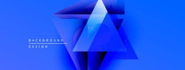 Soyut mavi üçgenler dinamik eğimli arkaplan oluşturur. Modern tasarım elementleri teknoloji, yenilik ve derinlik öneriyor. Minimalist estetik.