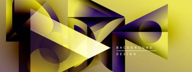 Soyut geometrik tasarım. Üst üste binen şekiller dinamik bileşim yaratır. Sarı, mor, siyah renkler görsel alana hakim. Modern estetik.