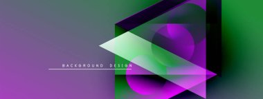 Soyut geometrik şekiller örtüşüyor, canlı mor ve yeşil renkler yaratıyor. Modern tasarım elementleri dinamik görsel deneyim önerir.