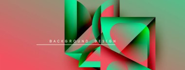 Soyut geometrik şekiller örtüşüyor, canlı renk eğimleri yaratıyor. Tasarım, katmanlı biçimlerin üzerinde metin arkaplan tasarımı içerir. Modern estetik.