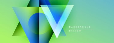 Soyut geometrik şekiller örtüşür, canlı gradyanlar yaratır. Yeşil, mavi renkler tasarıma hakim, modern estetiğe işaret ediyor. Metin arkaplan tasarımı okur.