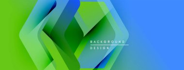 Soyut geometrik katmanlar canlı bir değişim etkisi yaratır. Modern tasarım üst üste binen şekiller, mavi, yeşil renkler.