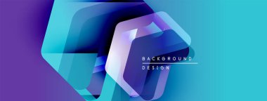 Soyut geometrik şekiller örtüşür, parlak mavi ve mor renkler yaratır. Modern tasarım elementleri teknoloji ve yenilik öneriyor. Arkaplanda metin arkaplan, tasarım.