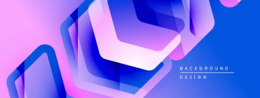 Soyut geometrik şekiller örtüşüyor, canlı mor ve mavi renkler yaratıyor. Modern tasarım dinamik hareket, görsel ilgi.