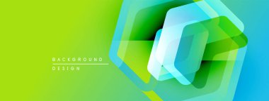 Parlak soyut geometrik tasarım. Yeşil, mavi renkler harmanlanarak modern görsel efekt yaratır. Üst üste binen şekiller derinliği ve yeniliği akla getiriyor.