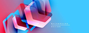 Soyut geometrik şekiller örtüşüyor, canlı renk eğimleri yaratıyor. Mavi, pembe, mor renkler tasarımda baskın. Modern, dinamik kompozisyon.