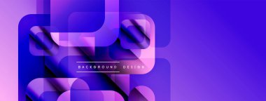 Soyut geometrik şekiller örtüşüyor, canlı mor gradyanlar yaratıyor. Modern tasarım elementleri teknoloji, yenilik, akıcılık öneriyor.