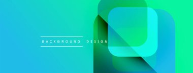 Soyut geometrik şekiller çakışıyor. Renkler maviden yeşile dönüşüyor. Metin elemanları mevcut olan minimalist tasarım.