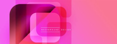 Soyut geometrik bileşim. Üst üste binen kareler canlı pembe, mor renkler yaratır. Arka planlar için modern tasarım ögesi.