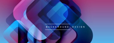 Soyut geometrik şekiller örtüşüyor, canlı mor ve mavi renkler yaratıyor. Metin, kompozisyon içerisindeki arkaplan tasarımını okur.