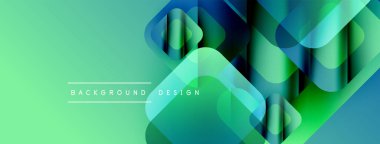 Soyut geometrik şekiller örtüşür, canlı bir değişim etkisi yaratır. Yeşil arkaplan mavi elementleri tamamlar. Modern tasarım estetik.