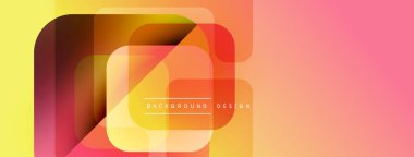 Soyut geometrik şekiller örtüşüyor, canlı renk eğimleri yaratıyor. Sarı, turuncu, pembe renkler tasarımda baskın. Modern estetik.