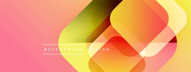 Soyut geometrik şekiller örtüşür, canlı bir gradyan arkaplan oluşturur. Sarılar, portakallar, pembeler kompozisyona hakim. Modern tasarım ögesi.