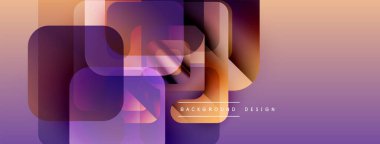 Soyut geometrik şekiller örtüşür, canlı bir gradyan arkaplan oluşturur. Mor, turuncu renkler tasarımda baskın. Modern estetik.