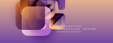 Soyut geometrik şekiller örtüşüyor, renk değişimleri yaratıyor. Mor, turuncu renkler tasarımda baskın. Modern estetik.