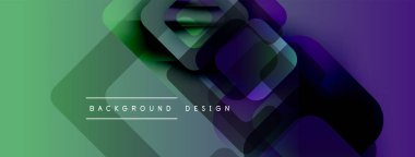 Soyut geometrik şekiller örtüşür, canlı bir gradyan arkaplan oluşturur. Yeşil, mor renkler tasarıma egemen, modern estetik.