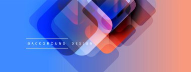 Soyut geometrik şekiller örtüşür, canlı mavi, mor, turuncu gradyan oluşturur. Modern tasarım elementleri teknoloji ve yenilik öneriyor.