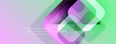 Soyut geometrik arkaplan. Yumuşak eğimler mor, yeşil renkleri harmanlıyor. Üst üste binen kareler modern görsel efektler yaratır. Minimalist tasarım.