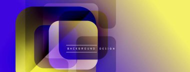 Soyut geometrik şekiller örtüşüyor, canlı renk eğimleri yaratıyor. Sarı, mor renkler tasarımda baskın. Modern estetik.