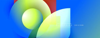 Soyut canlı tasarım, üst üste binen renkli daireler, gradyanlar. Metin elemanları mevcutken mavi arkaplana hakim olur. Modern estetik.