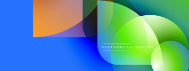 Soyut geometrik şekiller çakışıyor. Canlı renkler harmanlanarak, dinamik görsel efekt yaratır. Modern tasarım arka planlar için uygun.