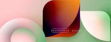 Soyut şekiller örtüşüyor, canlı renk değişimleri yaratıyor. Yumuşak pembeler, portakallar, yeşiller tasarımın hakimi. Modern estetik.