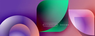 Soyut eğimler çakışıyor, akışkan şekiller yaratıyor. Canlı mor, yeşil, pembe renkler tasarımda baskın. Modern estetik, basit metin.