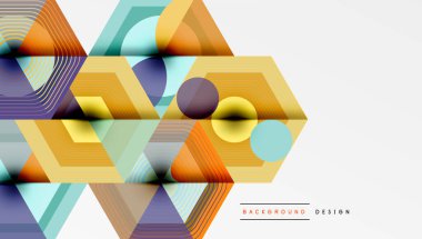 Soyut geometrik şekiller, altıgenler, çizgiler modern tasarım yaratır. Sıcak renkler baskın, havalı aksanlarla. Minimalist stil.