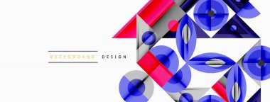 Soyut geometrik şekiller örtüşür, dinamik görsel doku oluşturur. Kırmızı, mavi, gri elementler beyaz alana hükmediyor. Modern tasarım kavramı.