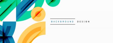 Soyut geometrik şekiller, canlı renkler, modern tasarım elementleri. Arkaplan özellikleri katmanlı biçimler, turuncu, mavi, yeşil.