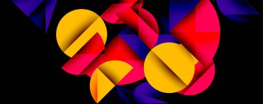 Parlak çakışan daireler, üçgenler içeren soyut bir kompozisyon. Kalın renkler siyah arkaplana karşı dinamik görsel etki yaratır.