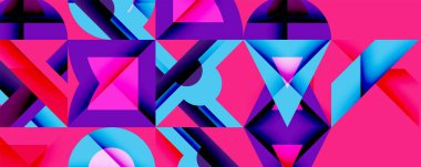 Soyut geometrik şekiller, canlı renkler, dinamik bileşim. Pembe, mavi, mor renkler modern görsel etki yaratır..