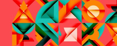 Soyut geometrik bileşim. Şekiller örtüşüyor, dinamik görsel doku oluşturuyor. Renkler arasında turuncu, deniz mavisi, kırmızı, bej yer alıyor. Modern tasarım.