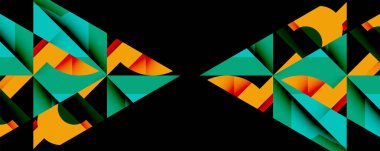 Soyut geometrik şekiller, deniz mavisi, turuncu, kırmızı. Siyah arkaplanda simetrik tasarım. Modern dijital resimleme.