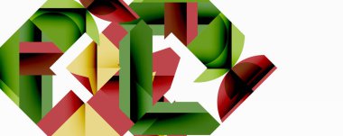 Soyut geometrik şekiller çakışıyor. Kırmızı, yeşil, sarı renkler dinamik kompozisyon oluşturur. Modern tasarım, temiz çizgiler, görsel ilgi.