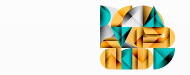 Soyut geometrik şekiller örtüşür, dinamik bileşim yaratır. Renkler altın, deniz mavisi, gümüş ve kahverengidir. Minimalist tasarım, temiz çizgiler.