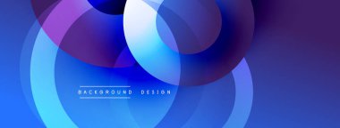 Soyut mavi arkaplan. Üst üste binen daireler akışkan ve modern tasarım yaratır. Gradyan renkler, dinamik bileşim, basit metin etiketi mevcut.