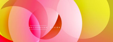 Soyut renkli çakışan daireler dinamik arkaplan oluşturur. Gradyan gölgeler harmanlanarak modern tasarım elementi oluşturur. Pembe, sarı, kırmızı renkler egemen.