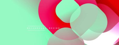 Soyut, enerjik bir arkaplan. Üst üste binen daireler dinamik görsel efekt yaratır. Nane, kırmızı, beyaz renkler kompozisyona hakim. Modern tasarım ögesi.