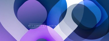 Soyut tasarım, üst üste binen daireler, mor, mavi renkler. Modern estetik, gradyan etkisi, basit metin örtüsü.