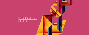 Soyut geometrik bileşim. Üst üste binen kurdeleler dinamik görsel efekt yaratır. Ilık altın renkler, canlı pembe arka plana karşı derin mavilerle tezat oluşturuyor. Modern tasarım ögesi.