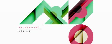 Soyut geometrik şekiller örtüşür, dinamik bileşim yaratır. Tasarıma yeşil, pembe, beyaz renkler hakim. Arka planlar ve sunumlar için modern estetik.