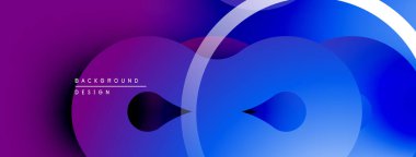 Soyut arkaplan özellikleri üst üste binen daireler, gradyanlar. Mor, mavi renkler dinamik görsel efekt yaratır. Modern tasarım ögesi.