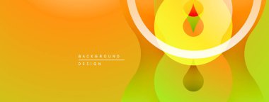 Soyut tasarım katmanlı daireler, gözyaşı damlaları, kıvrımlar. Sıcak sarı, turuncu, yeşil renkler modern görsel etki yaratır..