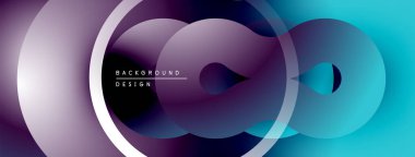 Soyut çemberler çakışıyor, dinamik eğimler yaratıyor. Mor, deniz mavisi karışımı. Metin elementli minimalist tasarım.