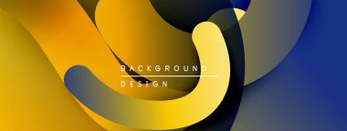 Soyut akışkan şekiller, canlı renkler, modern tasarım. Sarı, mavi, siyah gradyanlar dinamik görsel efekt yaratır.