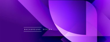 Soyut mor eğimli arkaplan. Üst üste binen şekiller dinamik görsel efekt yaratır. Altında metin ögesi olan minimalist tasarım.