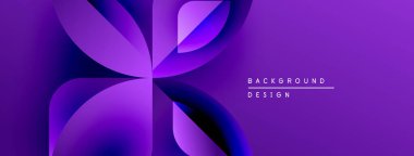 Soyut mor tasarım. Üst üste binen şekiller dinamik çiçek desenleri oluşturur. Metin elemanları mevcut modern arkaplan.