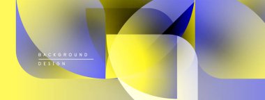 Soyut geometrik şekiller çakışıyor. Sarı, mavi renkler modern tasarım yaratır. Gradyan efektler derinlik ve görsel ilgi ekler.